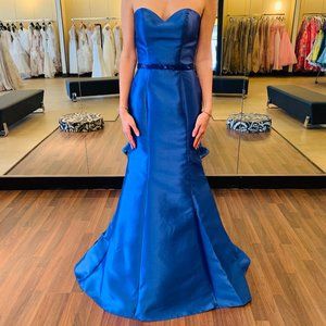 Strapless satin gown with beaded belt